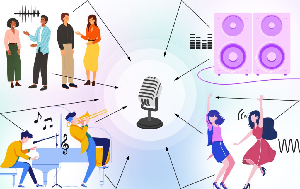 Noise in a party- people talking, music and so on all going trough a mic
